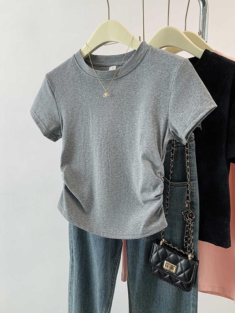 Product Introduction of Pleated design sense T-shirt women's summer new cotton waist curved hem slim short sleeve 6