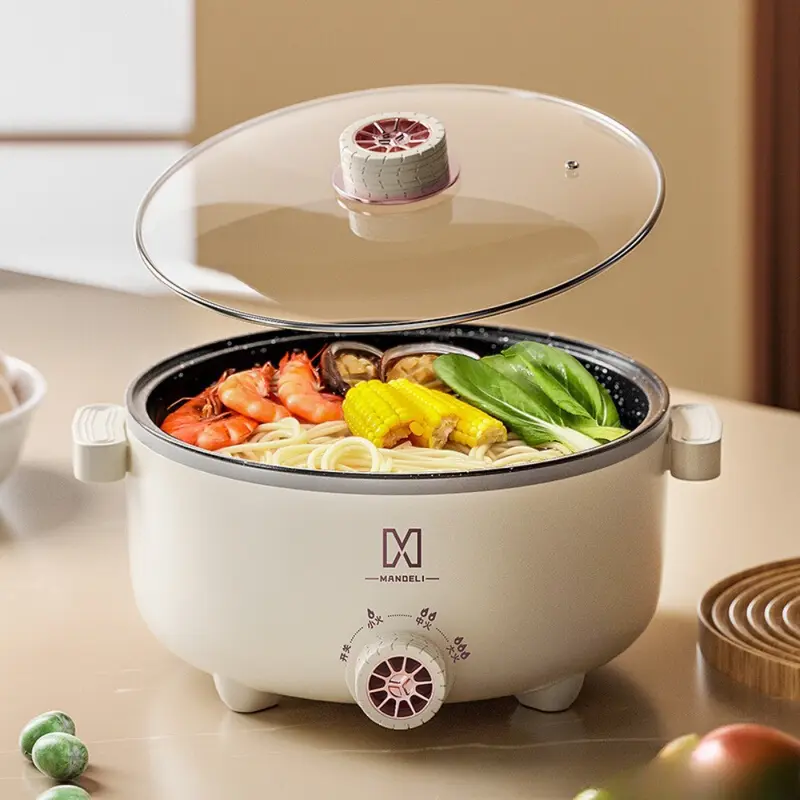 Nồi lẩu điện đa năng dung tích 4L công suất 1000W với 3 nấc nhiệt độ điều chỉnh thiết kế chống dính kèm xửng hấp 3