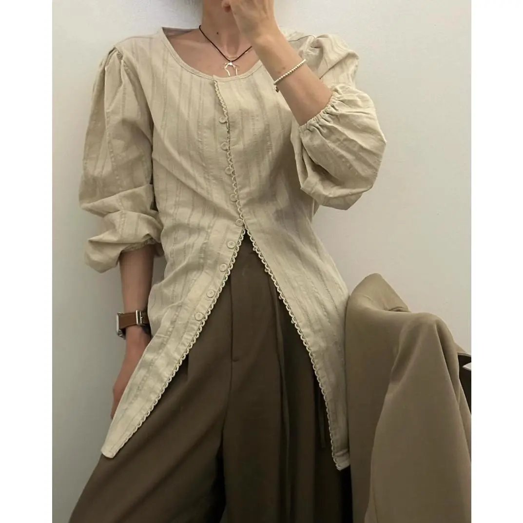 thanh lịch nút áo cánh & áo sơ mi Áo Sơ Mi Nữ Dài Tay, Phong Cách Mùa Thu Hàn Quốc, Một Hàng Cúc, Ren Sọc Và Jacquard, 241009