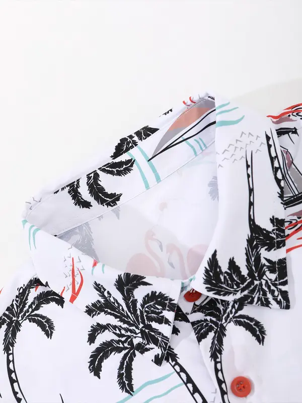 Men's Tropical Print Button Front Two-piece Set, Regular Fit Short Sleeve Shirt & Drawstring Pocket Shorts, Men's Outfits for Summer Beach Vacation 3