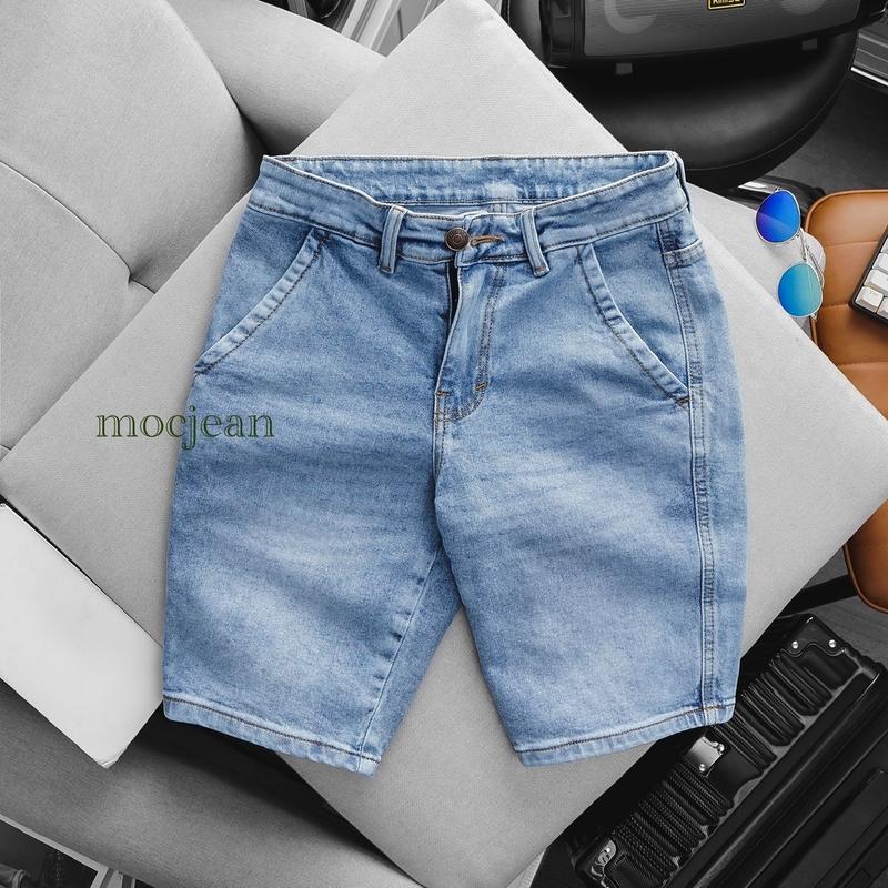 Quần short jean nam túi chéo đơn giản ống suông nhẹ xanh nhạt trơn VNXK Menswear