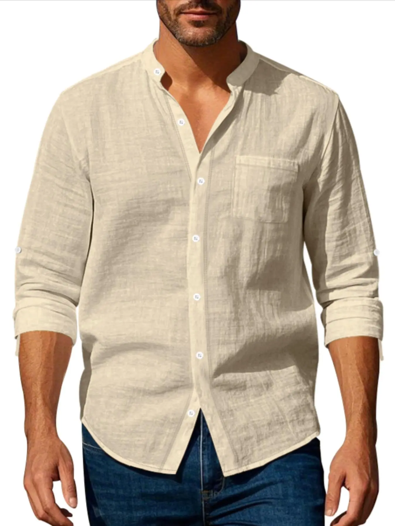 Men's Solid Color Linen Shirt, Loose Casual Breathable Long Sleeve Top for All Seasons, Men's Clothes for Daily Wear