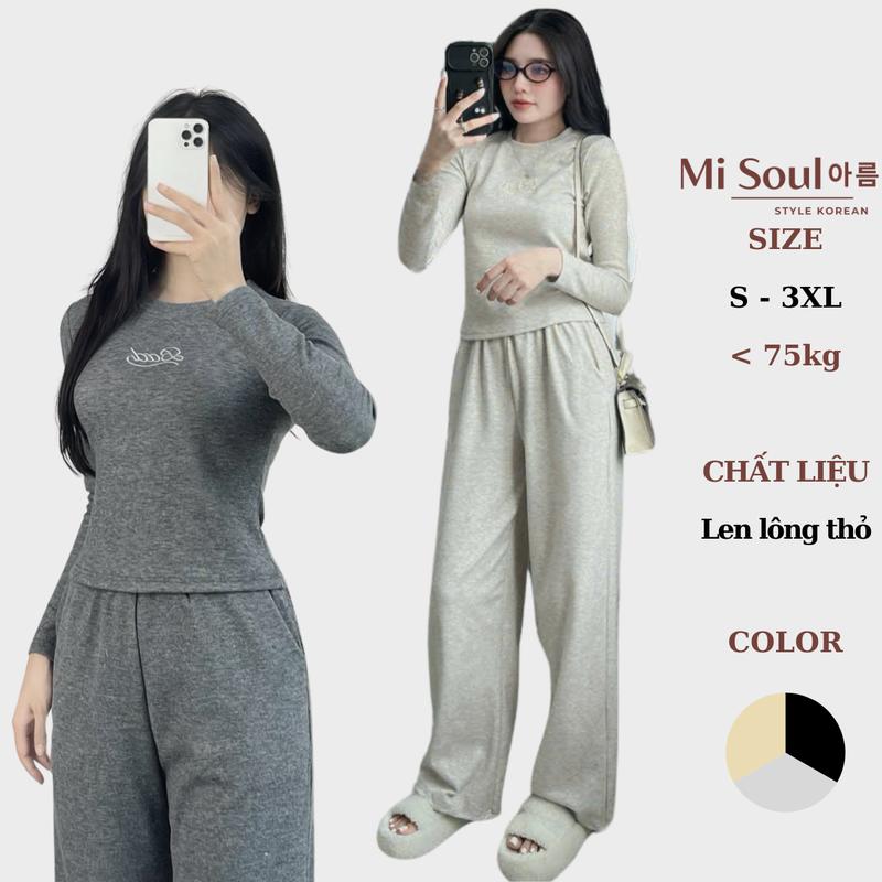 Set Cổ Tròn Dài Tay Chất Len Lông Thỏ Thêu Chữ Nổi Mix Quần Suông Cạp Chun Ống Rộng BigSize MiSoul, Bộ Chữ Thêu 365 Áo Nữ