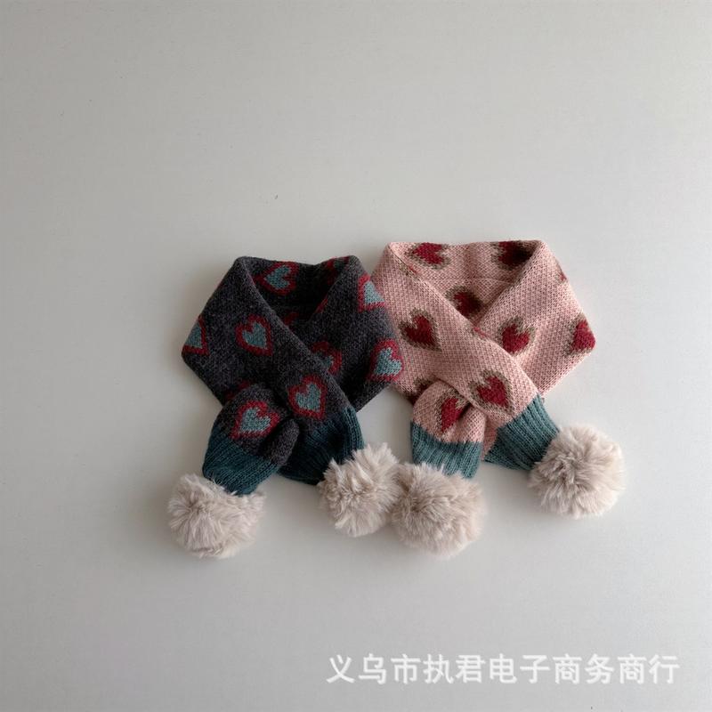 Product Introduction of Children's Scarf Cute Double Ball Love Pattern Knitted Cross Scarf Korean Style Baby Windproof Neck Protection Warm Neck Warmer 13