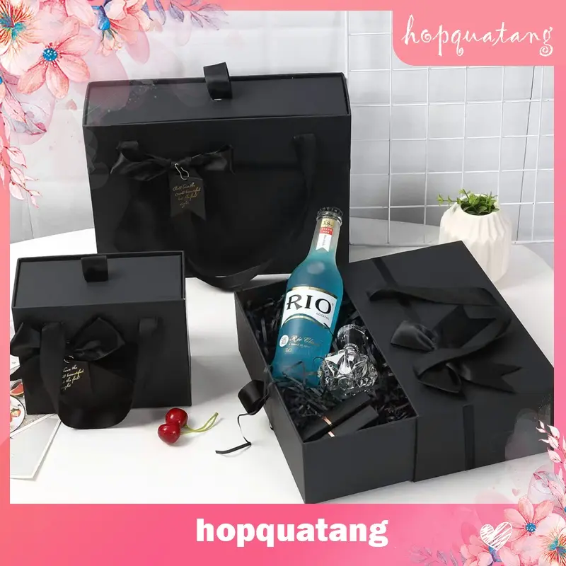 Hộp Quà Sinh Nhật Hộp Đựng Quà Tặng Màu Đen Gắn Nơ Có Quai Xách Cứng Cáp Sang Trọng 2