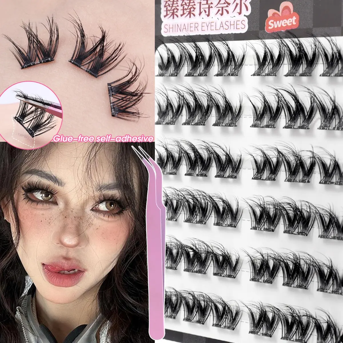 6 Rows Single Cluster Glue-free False Eyelashes with Tweezers 5D Thick Lashes Invisible Transparent Stem False Lash Make Up