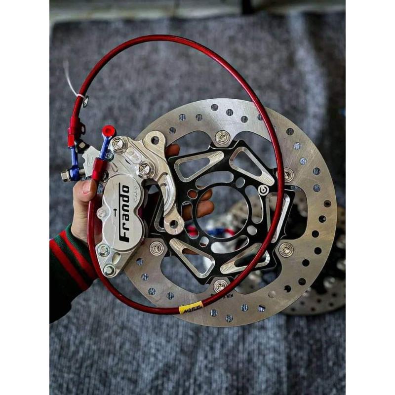 [ COMBO 4 món ] Heo Frando 4pis Bạc chữ Đen + Đĩa gắn mâm 4 lỗ + dây dầu morin Đỏ + pát CNC cho nhiều dòng xe