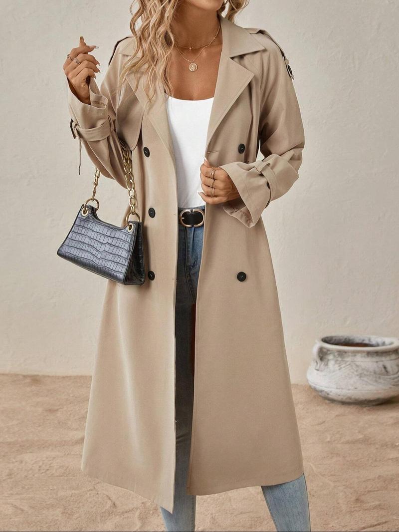 Product Introduction of Women's Solid Double Button Pocket Belted Trench Coat, Casual Lapel Collar Raglan Sleeve Coat for Fall & Winter, Coats for Women, Women's Clothing for Daily Wear 1