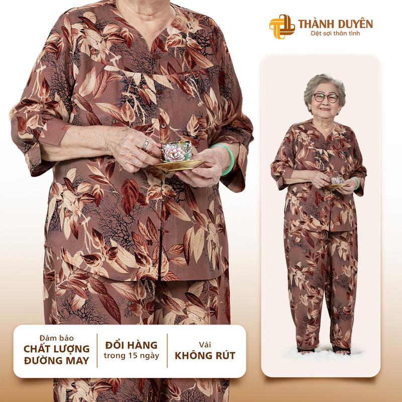 Đồ bộ cho bà mặc nhà Thành Duyên cổ tim tay lỡ quần dài vải tole không rút thoáng mát A - 1579TLD