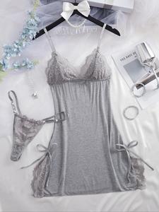 Camisón y tanga con ribete de encaje de color sólido para mujer Conjunto de dos piezas de ropa de dormir sexy, vestido de noche suave y cómodo y conjunto de bragas, ropa de dormir para mujeres para todas las estaciones, ropa de estar