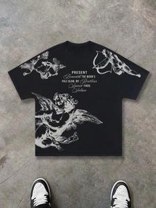 Camiseta para hombre con estampado de ángel de caricatura, manga corta, corte regular, gráfico de cuello redondo para verano, prenda superior para uso diario, ropa urbana