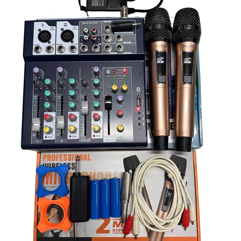 Bộ combo năng cấp tất cả các loại loa kéo và Ampli karaoke gia đình Mixer F4 USB+ Micro E37 xài pin sạc Năng tiếng khuếch đại âm thanh Kèm theo dây kết nối