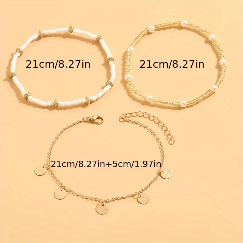 [3pcs Golden-Tone Pendant Anklet] 3pcs/Set Simple Golden-Tone Circular Pendant Tassel Beaded Anklet for Women, Suitable for Daily Wear And Vacation 3