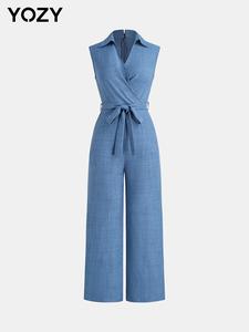 YOZY Women's Solid Belted Jumpsuit, Casual Sleeveless Collared Jumpsuit for Summer, Women's Jumpsuit for Daily Wear
