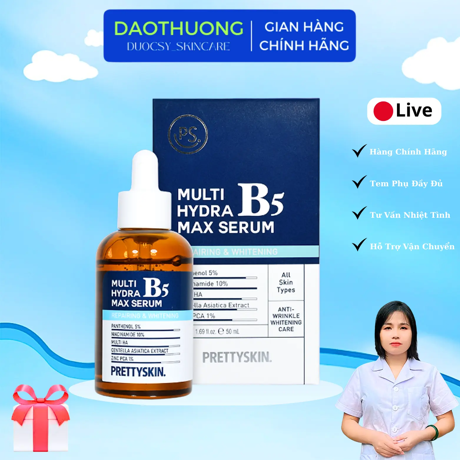 Prettyskin: Tinh Chất Multi Hydra B5 Max Serum Dầu Mụn (lọ 50ml) Skincare Làm Đẹp Da Nữ Dưỡng Ẩm Da khô chống lão hóa cấp