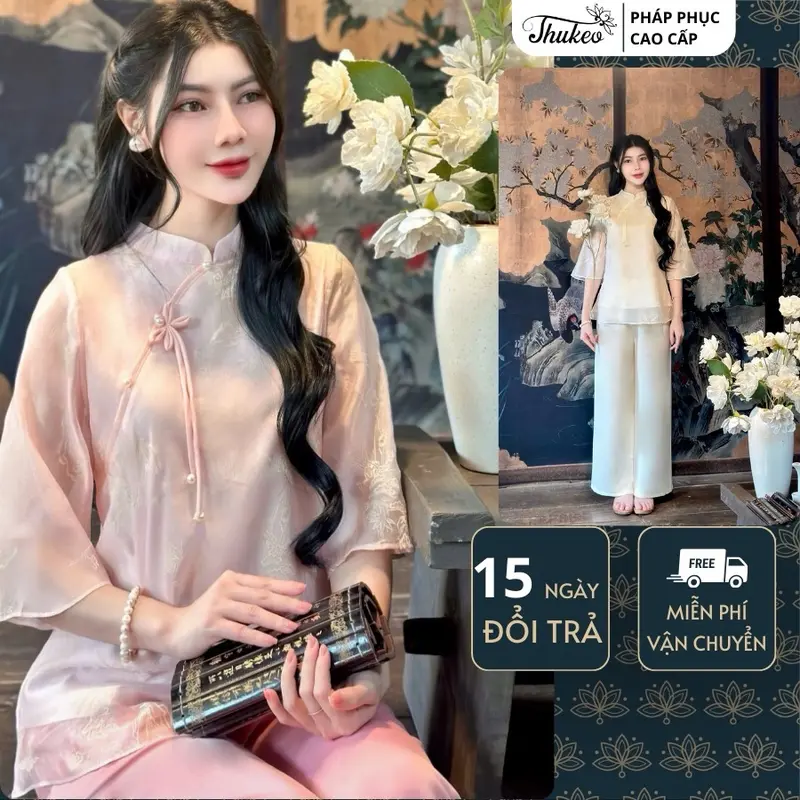 (MA50) Pháp phục đi chùa THUKEO mẫu tơ in 2 lớp mềm mịn cổ tàu thanh lịch Women Nữ 0