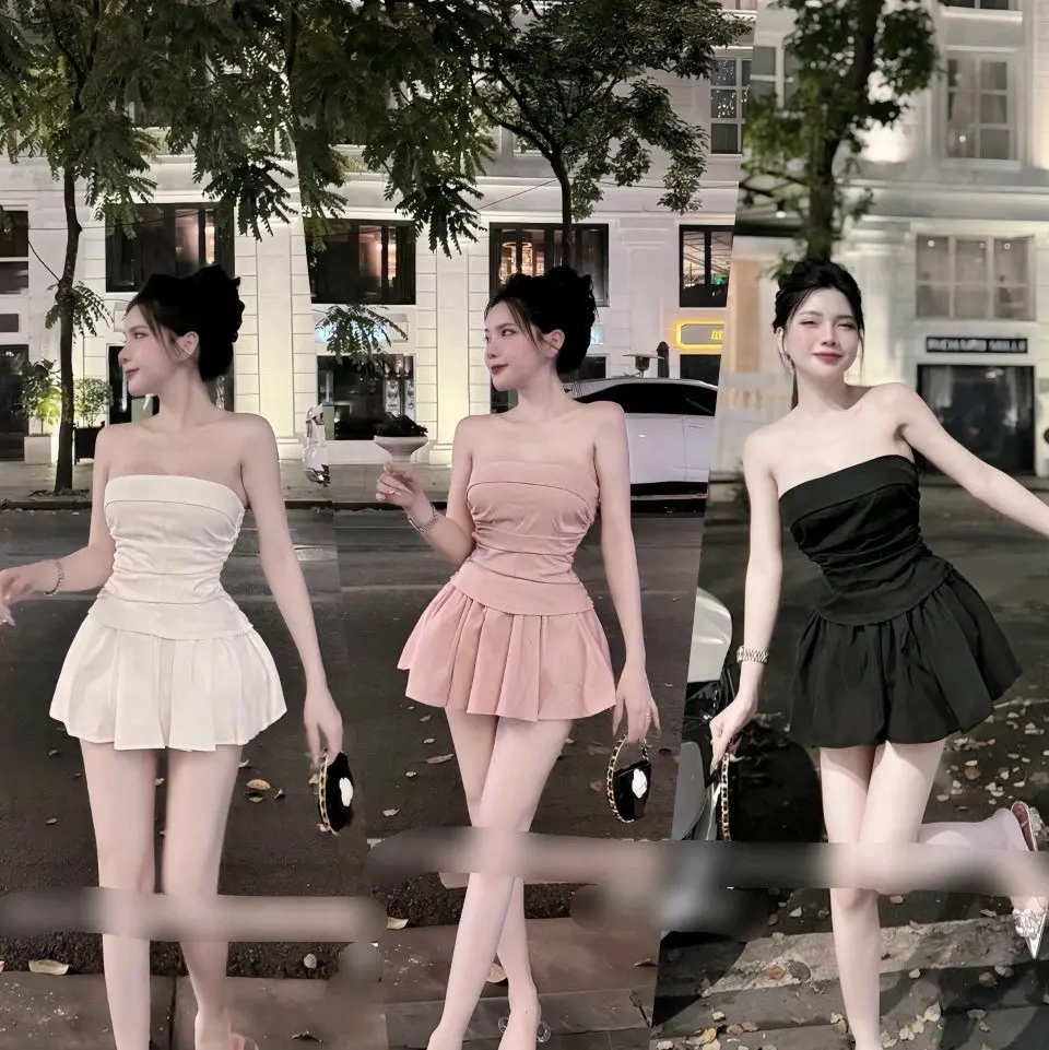 Set áo cúp ngực nhún bụng kèm chân váy xoè freesize dưới 52kg Women Top Kem set đồ xinh nhẹ nhàng đi chơi, đi tiệc