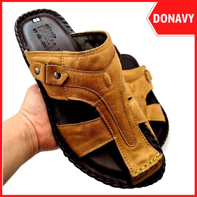 {KM Mua 01 Tặng 01 Đôi Dép Da} Dép Quai Ngang Nam Da Bò DONAVY Cao Cấp, Quai Thiết Kế Kiểu Rọ Độc Đáo, May Quai Chắc Chắn D.RO