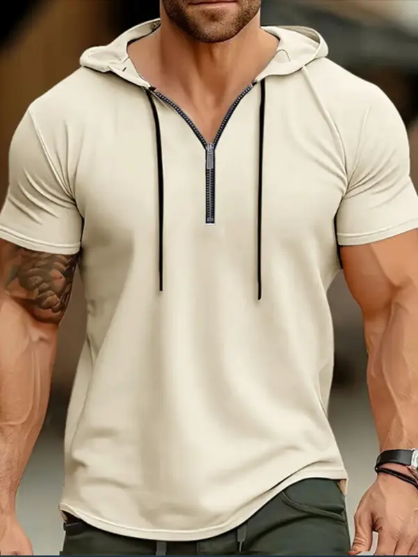 Men's Solid Zip Up Hooded Tee, Regular Fit Casual Breathable Short Sleeve T-shirt for Summer, Men's Top for Daily Wear, Sweatshirts 2