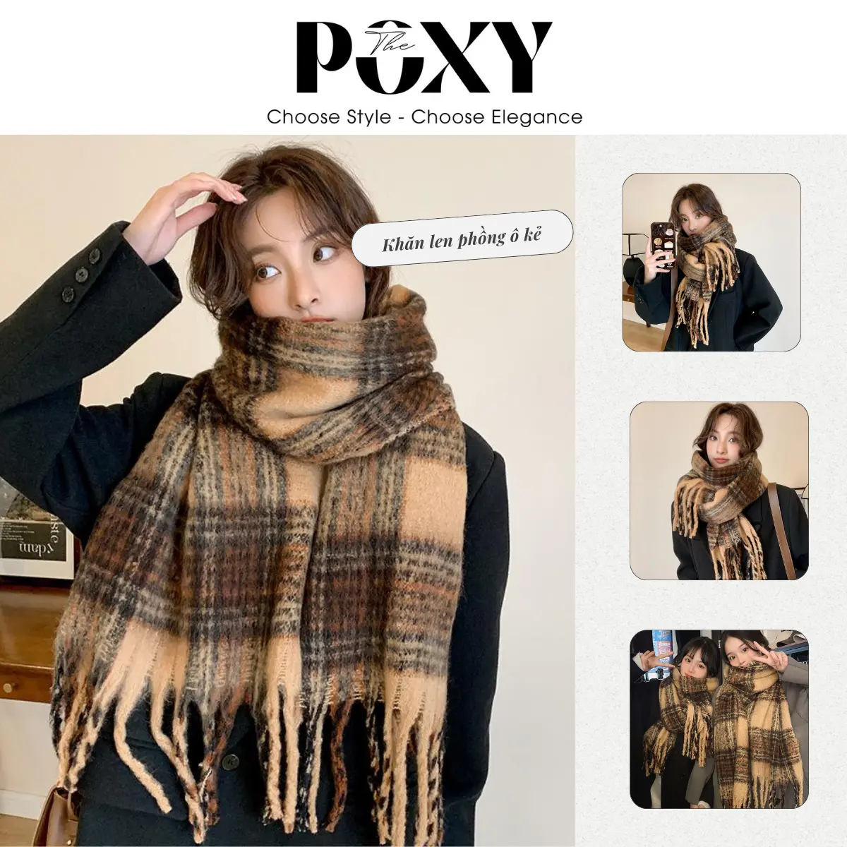 Khăn choàng cổ nữ len xù họa tiết caro hàn quốc tua rua dày dặn ấm áp size 180x60cm - Khăn POXY Hàng loại 1 Quàng Cổ Women
