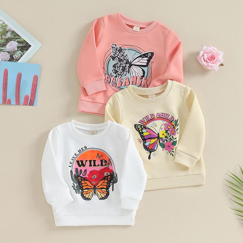 Toddler Girls Boys Sweatshirts Baby Clothes Letter Butterfly Print Crew Neck Long Sleeve Infant Pullovers Fall Tops 0