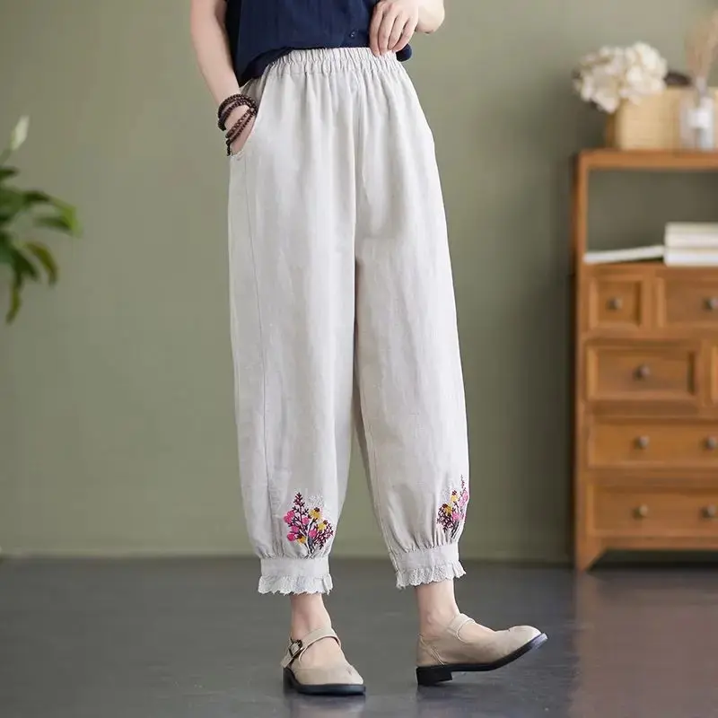 Quần Nữ, Phong Cách Mùa Xuân Và Mùa Hè, Quần Ống Túm, Mỏng, Eo Co Giãn, Phong Cách Trung Quốc, Làm Bằng Vải Lanh Và Bông, Thêu, Quần Cropped Thường Ngày