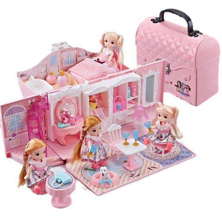 Ngôi nhà búp bê thiết kế dạng túi xách kèm 2 búp bê đồ chơi búp bê màu hồng dễ thương cho bé Toy