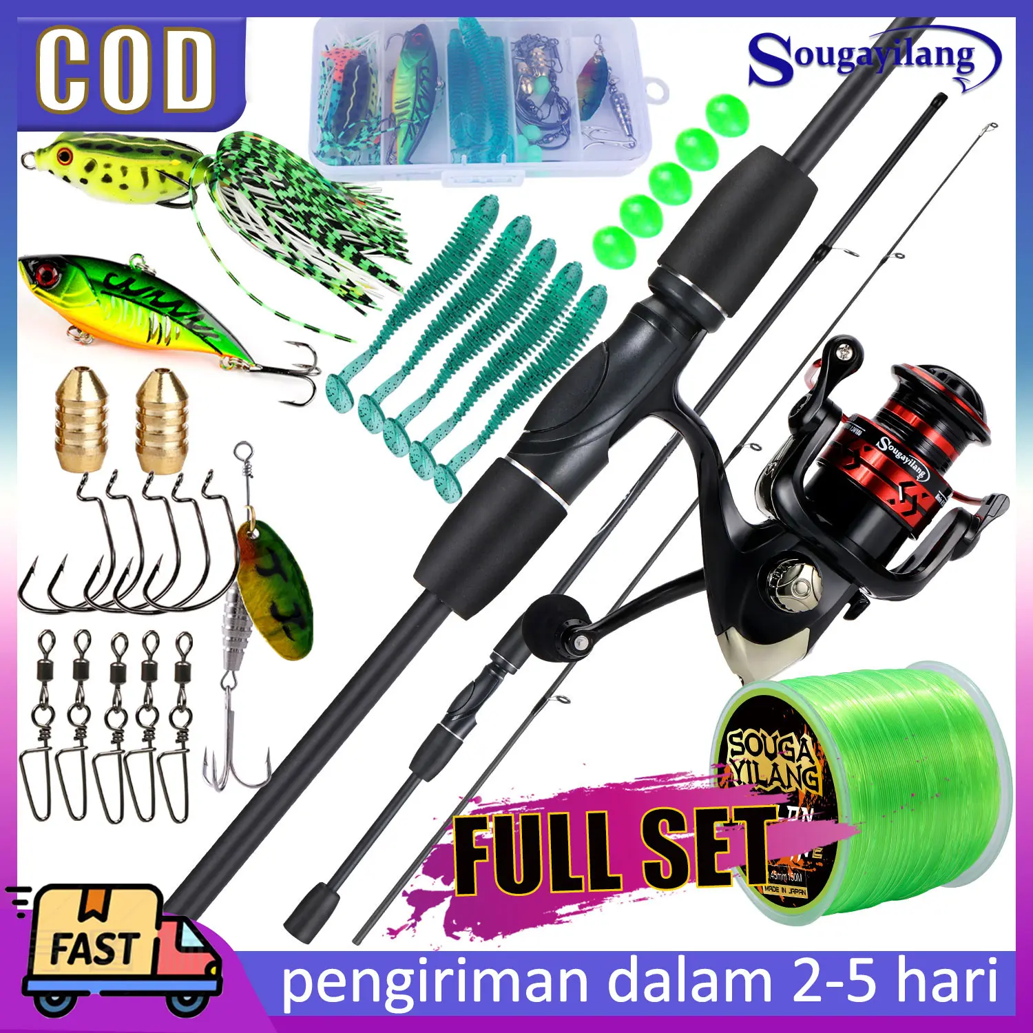 Sougayilang Set lengkap pancing 2 bagian joran pancing putar 1,8m/6 kaki dan rasio roda gigi gulungan pancing putar 5.2:1 dengan senar pancing nilon 150m dan aksesoris pancing lengkap untuk alat pancing untuk air asin dan air tawar Reel sougayilang  reel