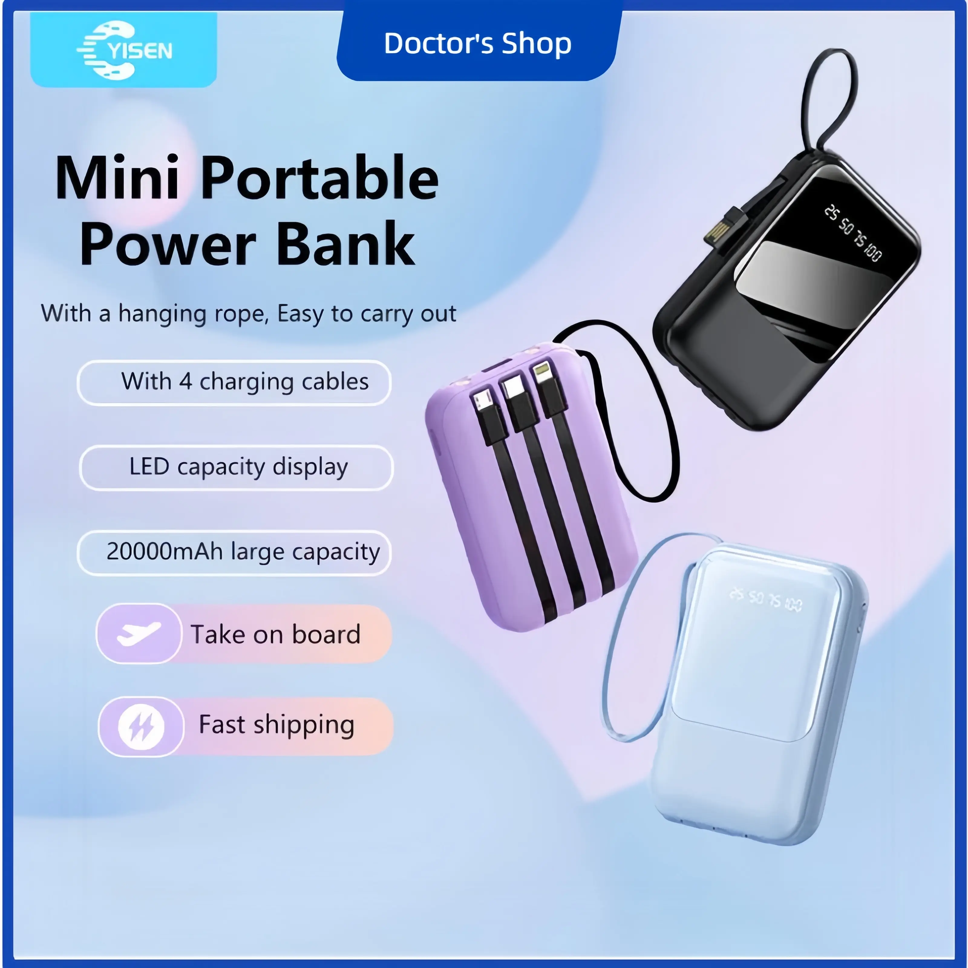 Yisen 20000mAh Candy Power Bank, Portable with 4 Built-in Cables, Fast Charging, Digital LED Display, Sleek White Design, Perfect for Phones. Powerbank Black