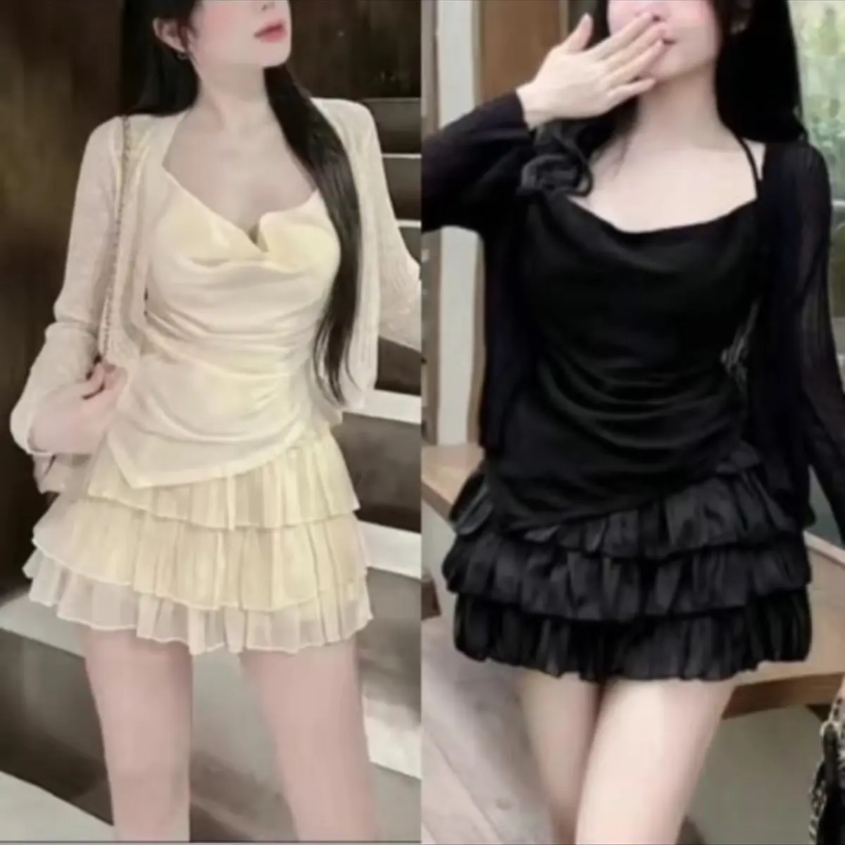 Set áo cổ đổ mix chân váy tơ( 3 món bigsize 55-90kg( vibigsize3( phụ