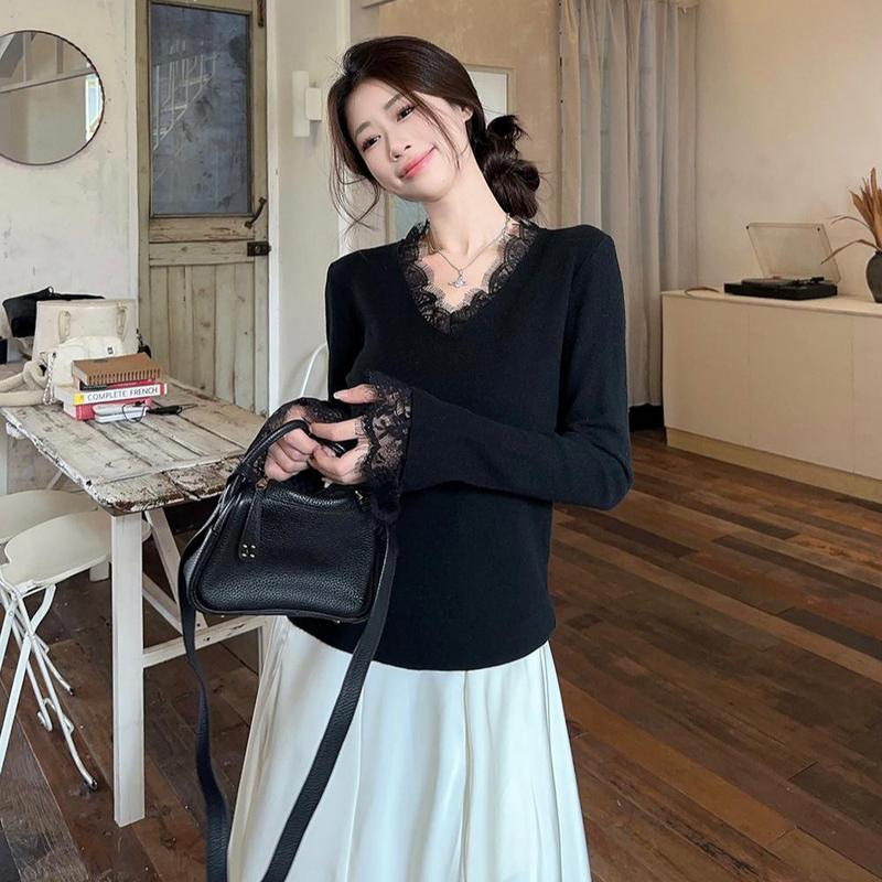 Product Introduction of Đồ Len Cổ Chữ V, Phong Cách Dễ Thương Và Gợi Cảm, Dành Cho Nữ, Thích Hợp Cho Mùa Thu Và Mùa Đông, Áo Sơ Mi Lớp Nền Mỏng Thanh Lịch, Có Thể Mặc Làm Áo Cánh Bên Trong Top Women Màu Đen 1