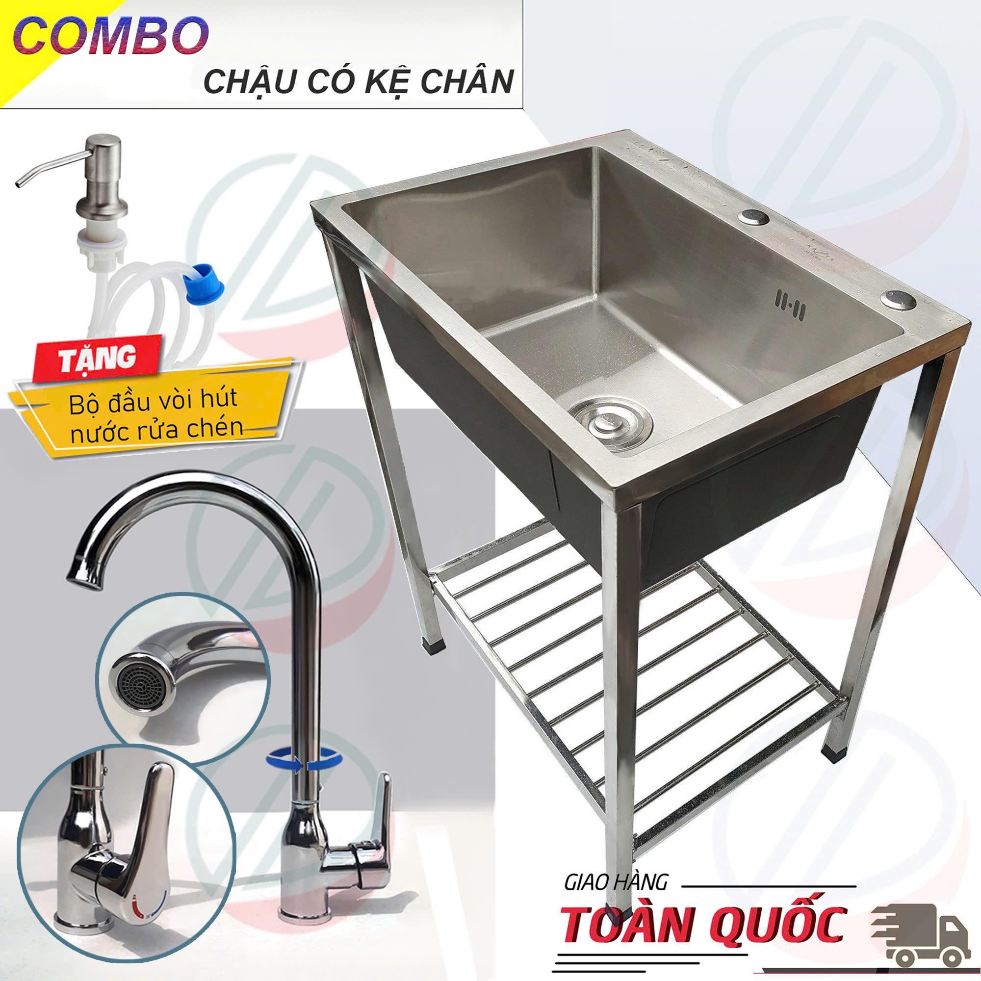 COMBO Chậu Rửa Chén Bát 1 Hộc Có Chân 60x45cm KAZTA - Gồm kệ chân cao 81cm, chậu, vòi, bộ xả, mua đủ bộ tặng đầu xịt xà bông