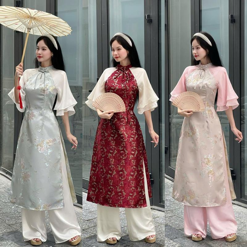 Áo Dài Nữ Thiết Kế EMME V1957 Gấm Hoa Nổi Phối Tay Lửng Voan Mềm Đính Dây Nơ Cách Điệu [ Kèm Quần Lụa ] - Thanh Tự Women