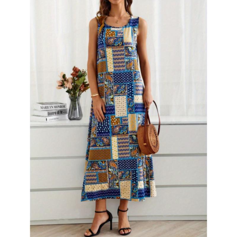 Women's Vintage Ethnic Patchwork Print Sleeveless Midi Dress - Casual Summer Loose Fit with Crew Neck, Lightweight Polyester-Elastane Blend, Vibrant Blue, Yellow, Black & White Patterns 4