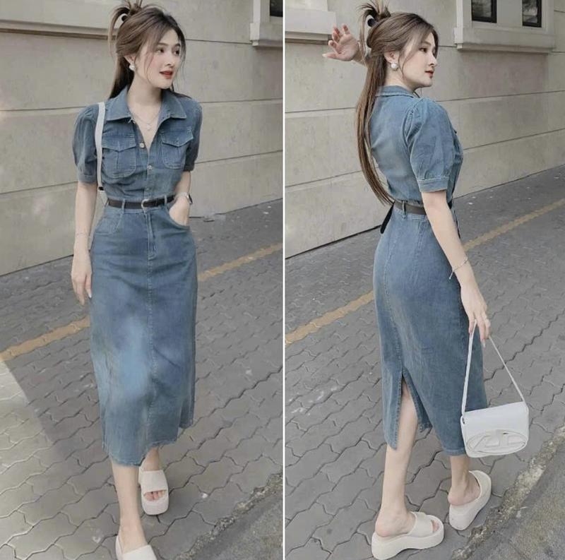Đầm jean nữ tay búp cổ bẻ cài nút có túi sau lưng có chun xẻ tà sau phong cách trẻ trung kèm dây nịt - Dress Women