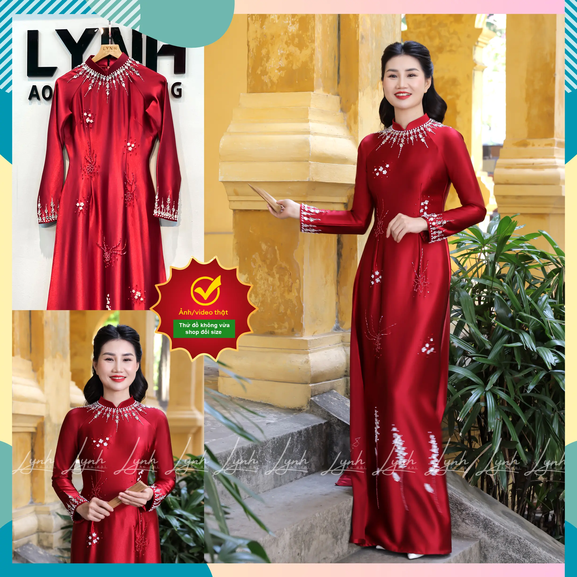 Áo dài Mẹ Sui - Sui Gia ĐỎ ĐÔ kết Pha Lê bằng tay Sang Trọng - Áo dài Lynh Nữ Top Voi Women Sen Sơ Mi