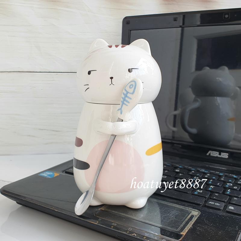 Cốc sứ mèo cốc sứ uống trà cà phê hình mèo có biểu cảm dễ thương ly sứ quà tặng hình mèo có nắp và thìa