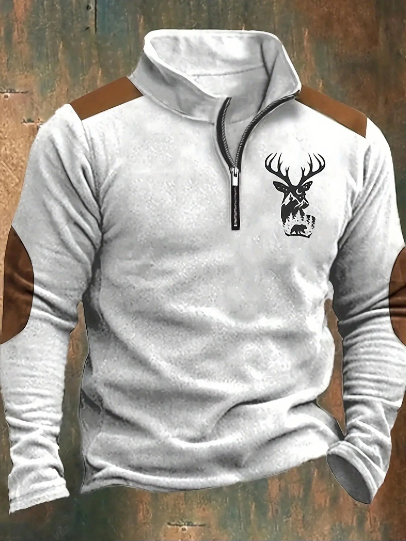 Men's Patchwork & Animal Print Zip Up Funnel Neck Sweatshirt, Casual Regular Fit Long Sleeve Pullover for Daily Wear, Men's Clothes for All Seasons