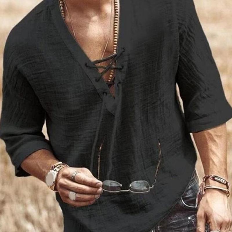 Bvbfzin Men V-neck Shirt Loose Fit Men Top Men's Lace-up V Neck Shirt Retro Style Mid Sleeves Loose Fit Top for Daily Wear in Asia 3