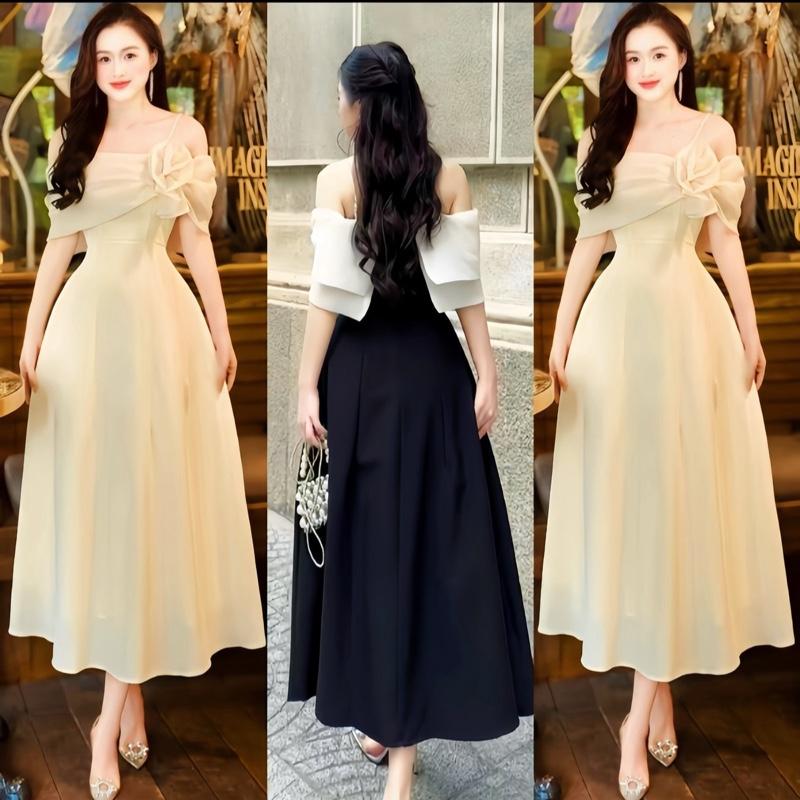 ( Có Mút & Dây Vai ) - Váy Dự Tiệc Trễ Vai PHỐI TƠ MÀU KEM HAI TẦNG ĐÍNH HOA TRƯỚC Dáng Dài Qua Gối ( MẶC 2 KIỂU ) Chất  Linen Thai Mềm Mịn Lót Đúp Full Váy Phong Cách Sang Trọng Dành Cho Nữ  - TUONGVYKEM28 Women Dress Nhung Sen
