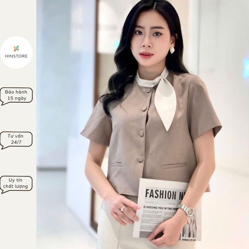 Áo kiểu cổ nơ HINSTORE áo vest form ngắn lửng cổ nơ lệch cúc bọc 2 lớp phong cách thanh lịch trẻ trung 350