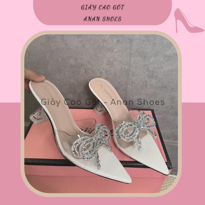 Dép Cao Gót 7p Và 9p Guốc Nơ Mũi Nhọn Quai Mika Êm Mềm Dẻo Dính Nơ Đá 2 Tầng Lấp Lánh Sang Trọng, Đi Tiệc - Anan Shoes 5