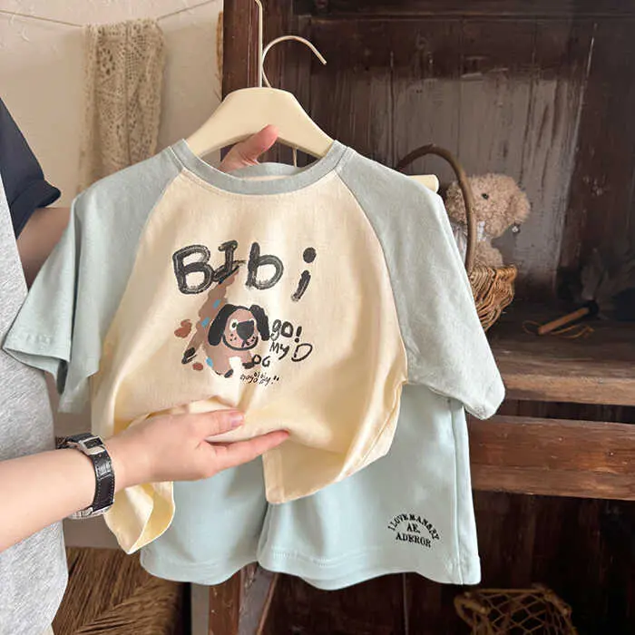 Áo Thun Raglan Hoạt Hình, Cho Bé Trai, ngắn Tay, Mỏng Và Thường Ngày, Quần Đùi Trẻ Em, Dáng Rộng, Thích Hợp Cho Thể Thao, Bộ Đồ Hai Mảnh, Thời Trang 0