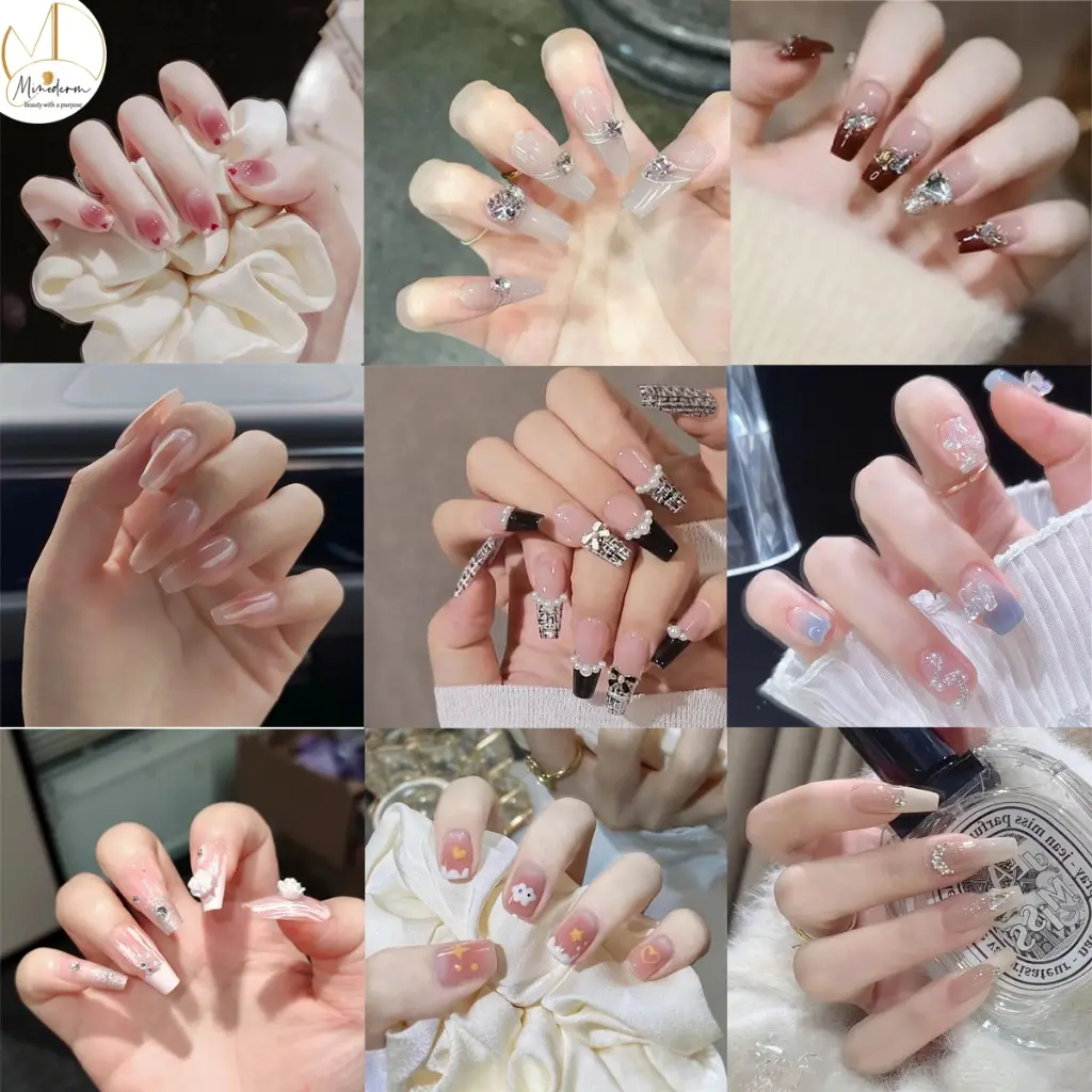 Móng tay giả Minoderm Nail box kèm keo gắn, dáng ngắn, dài, thiết kế trơn, đính đá sang trọng