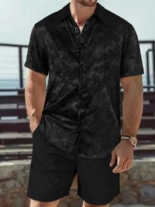 Conjunto de dos piezas para hombre para primavera verano, cuello de camisa de botonadura simple, estampado de plantas y palmeras jacquard, manga corta y shorts con cordón