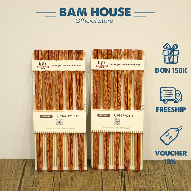 Combo bộ 20 đôi đũa gỗ dừa Bam House họa tiết vân dừa cao cấp