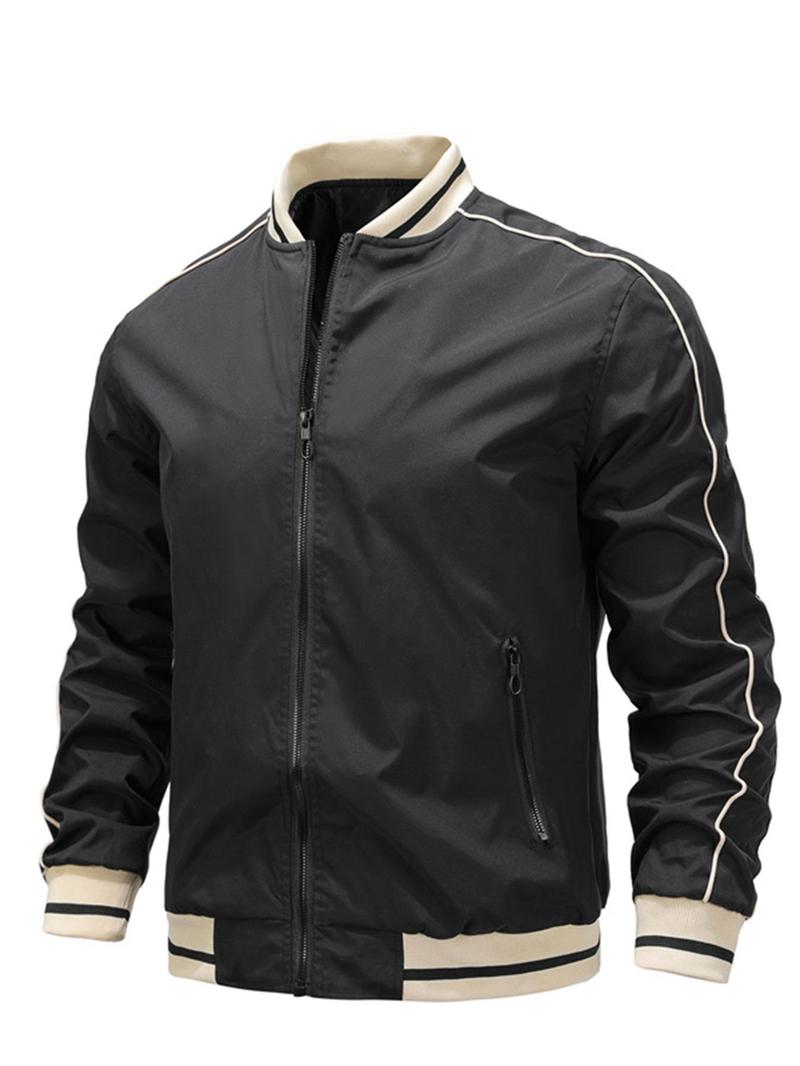 Product Introduction of Men's Striped Trim Zip Up Bomber Jacket, Casual Comfy Long Sleeve Baseball Collar Outerwear for Spring & Fall, Fashion Men's Clothes for Daily Wear 1