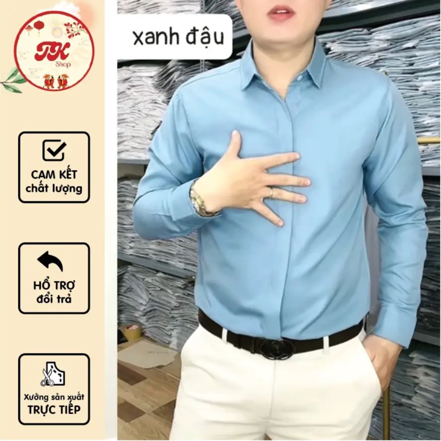 Áo sơ mi nam màu trơn dài tay nẹp giấu cúc lụa hàn chống nhăn