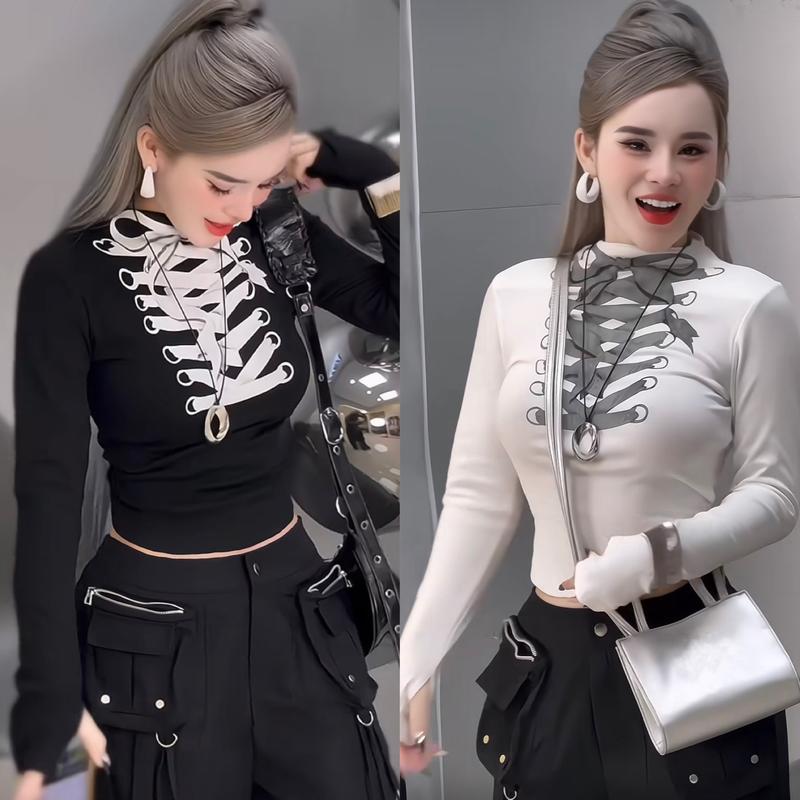 Áo Thun Nữ In 3D Cổ Lọ Thun Borip Mịn Tay Dài Xỏ Ngón 26 Nữ Women Dáng Ngắn áo cổ lọ ủ kem Top Nhung Voi Sơ Mi