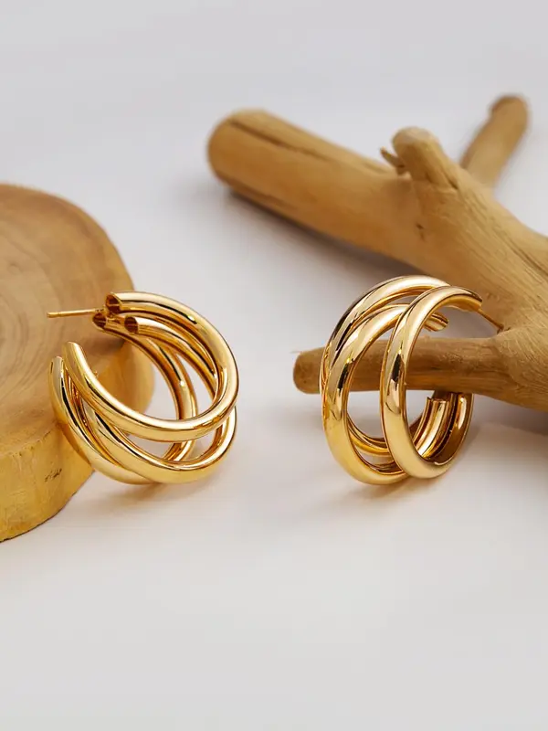 1 Pair Solid Color Three Layer Hoop Earrings for Women, Elegant Fashion Personality Versatile Alloy Jewelry Accessories, Holiday Gift 2